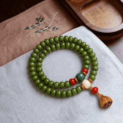 Green Bodhi Root Double-Wrap Bracelet  Lotus Pod Charm