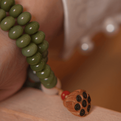 Green Bodhi Root Double-Wrap Bracelet  Lotus Pod Charm
