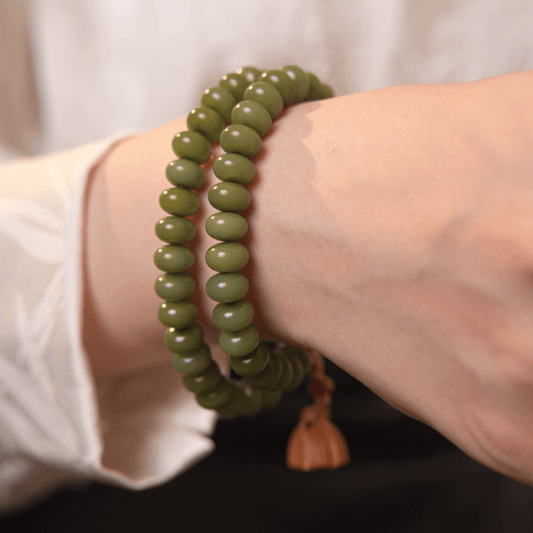 Green Bodhi Root Double-Wrap Bracelet  Lotus Pod Charm