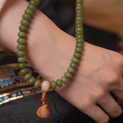 Green Bodhi Root Double-Wrap Bracelet  Lotus Pod Charm